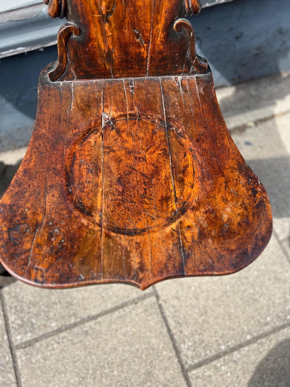 Pair of scabello style English Yew wood hall chairs  View VIII