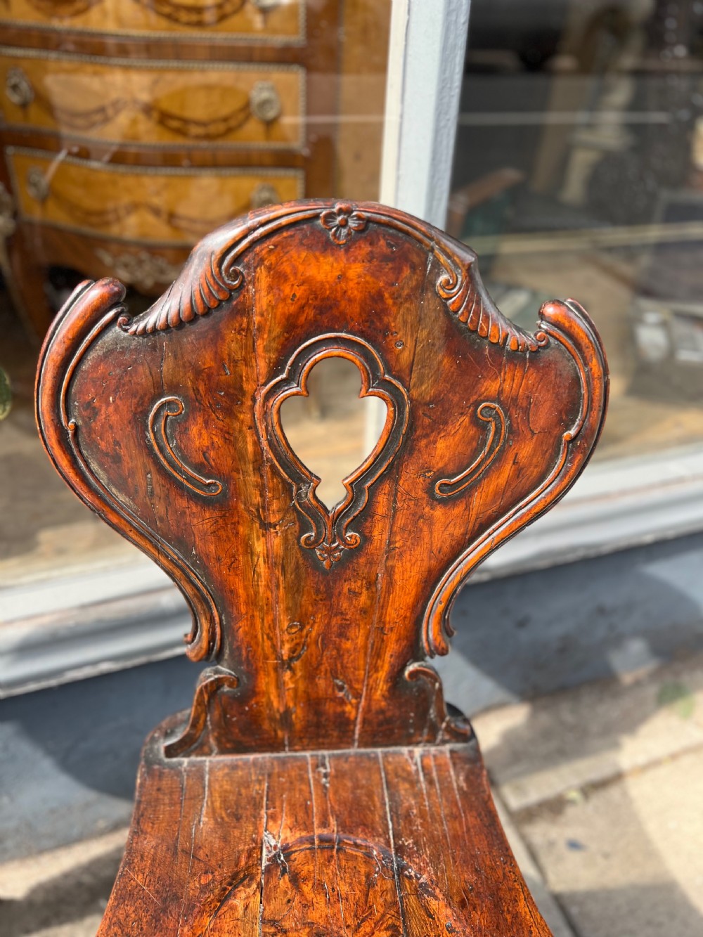 Pair of scabello style English Yew wood hall chairs  View IX