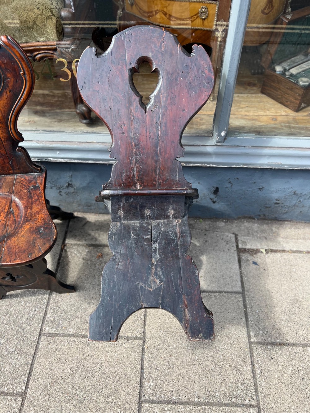 Pair of scabello style English Yew wood hall chairs  View X