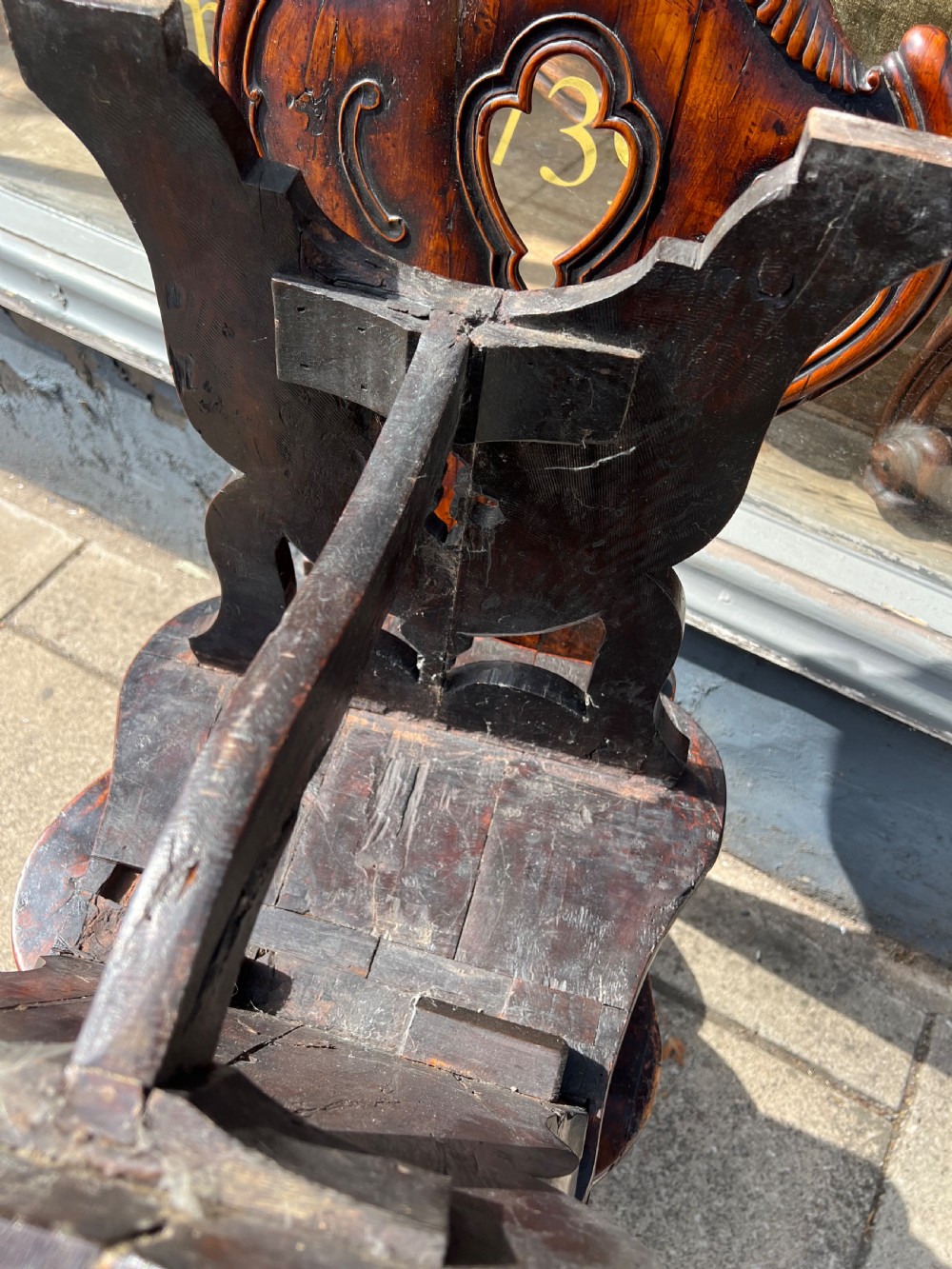 Pair of scabello style English Yew wood hall chairs  View XI