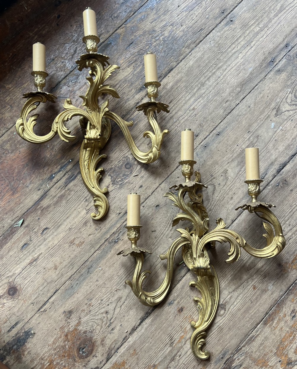 Pair of three branch rococo wall lights  View II