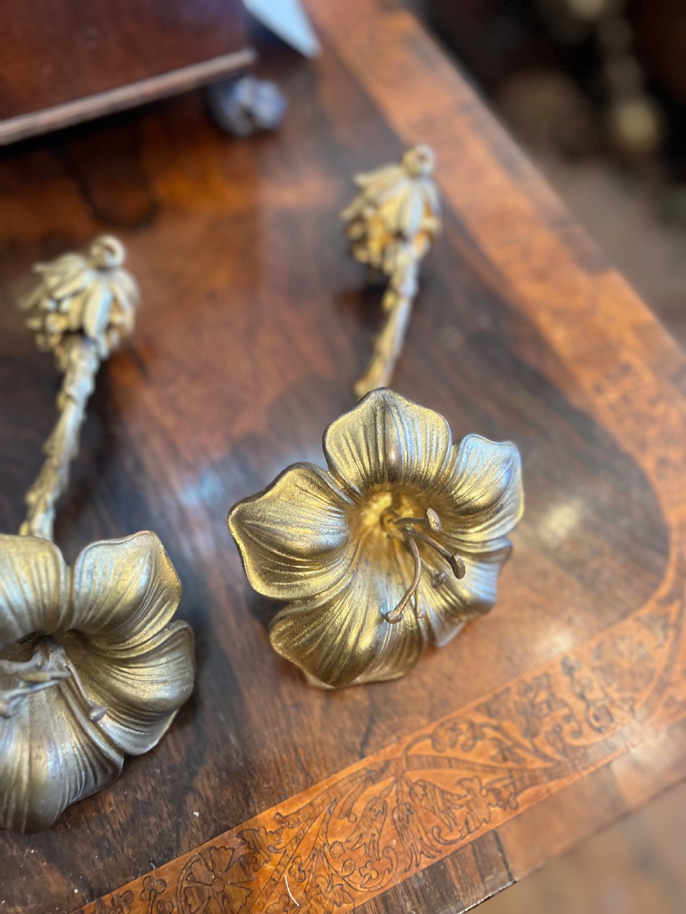 A pair of cast gilt brass curtain tiebacks featuring a stylised flower head design and textured stem. View III