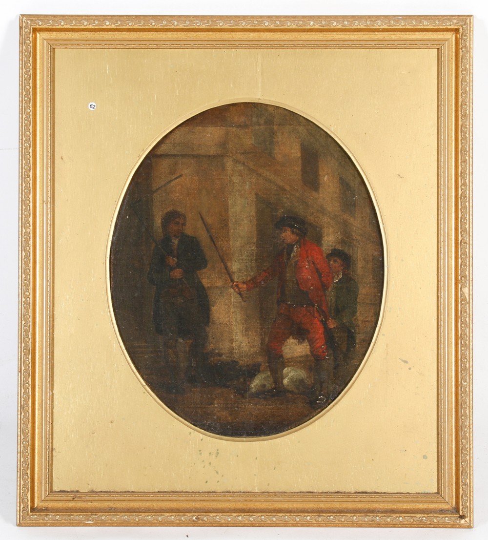 Late C18th oil painting on canvas showing two men fighting with tools in their hands 