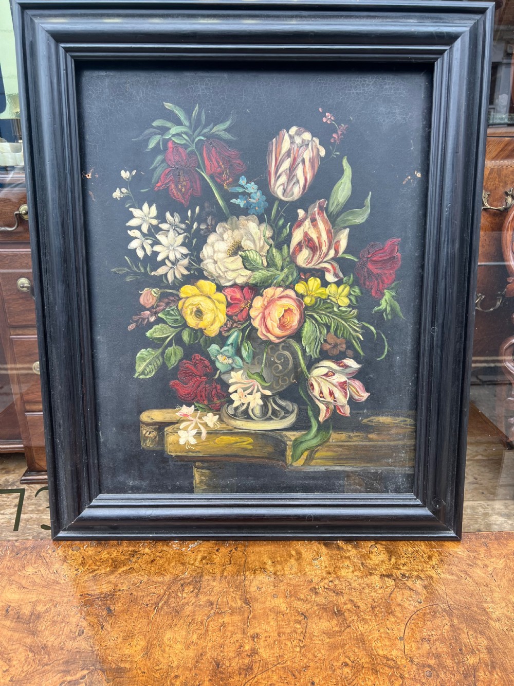 Oil painting of a still life of flowers in the Dutch old master style 