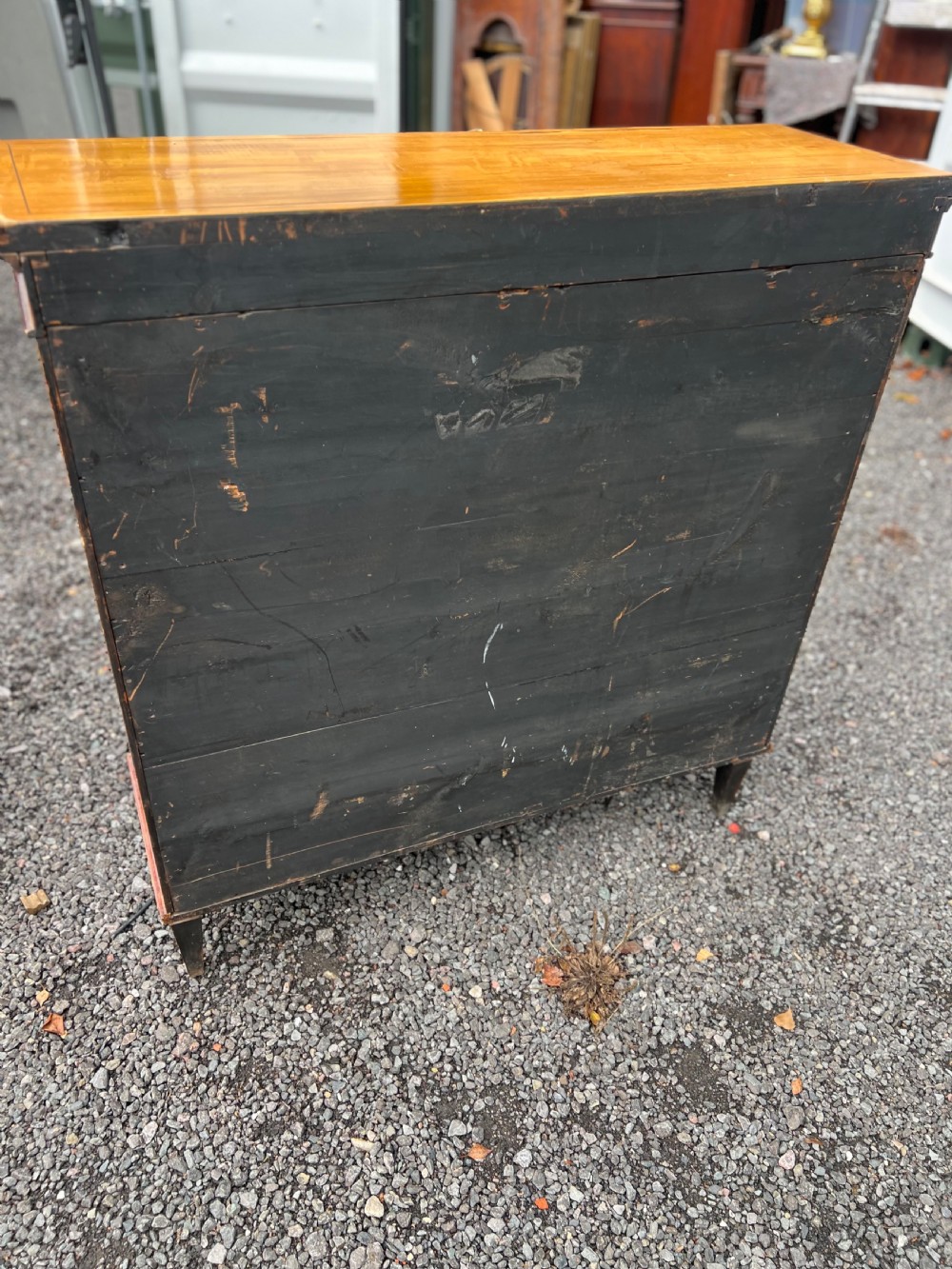 A satinwood side cabinet featuring two cupboard doors with central marquetry urn inlays, a decorated top frieze, and square tapered feet. View V