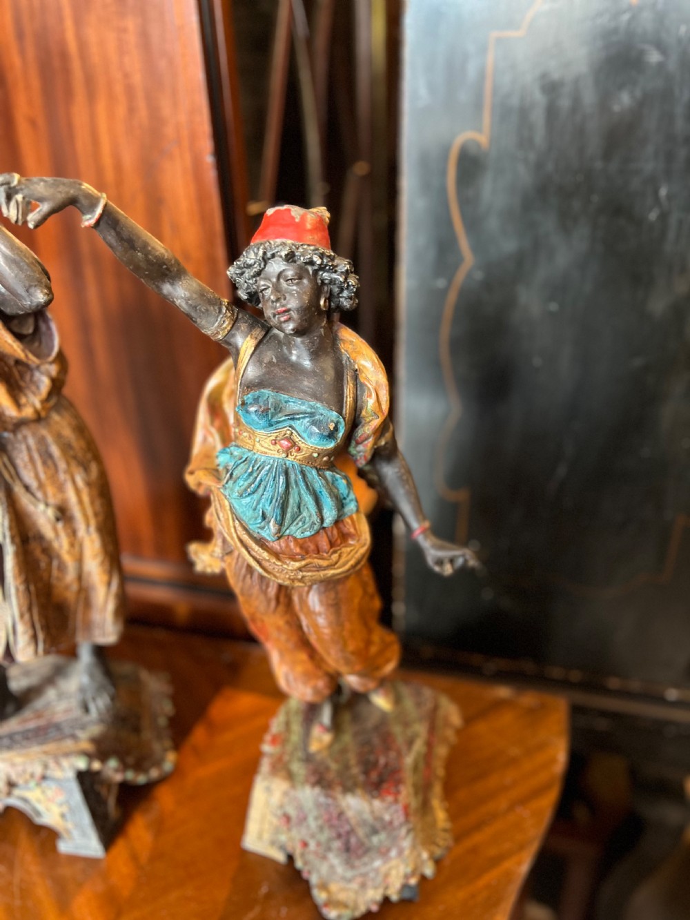 Pair of large painted spelter figures of Moroccan dancer and musician  View VI