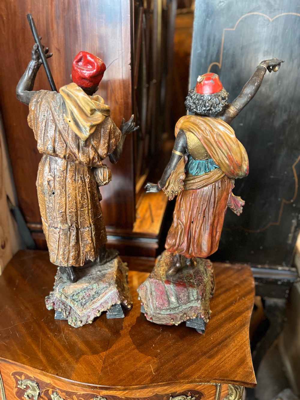 Pair of large painted spelter figures of Moroccan dancer and musician  View VII