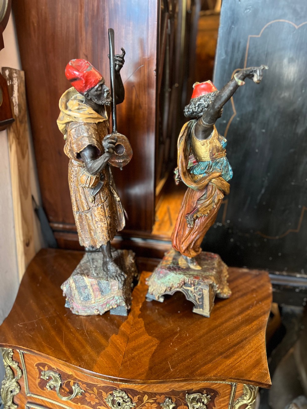 Pair of large painted spelter figures of Moroccan dancer and musician  View VIII
