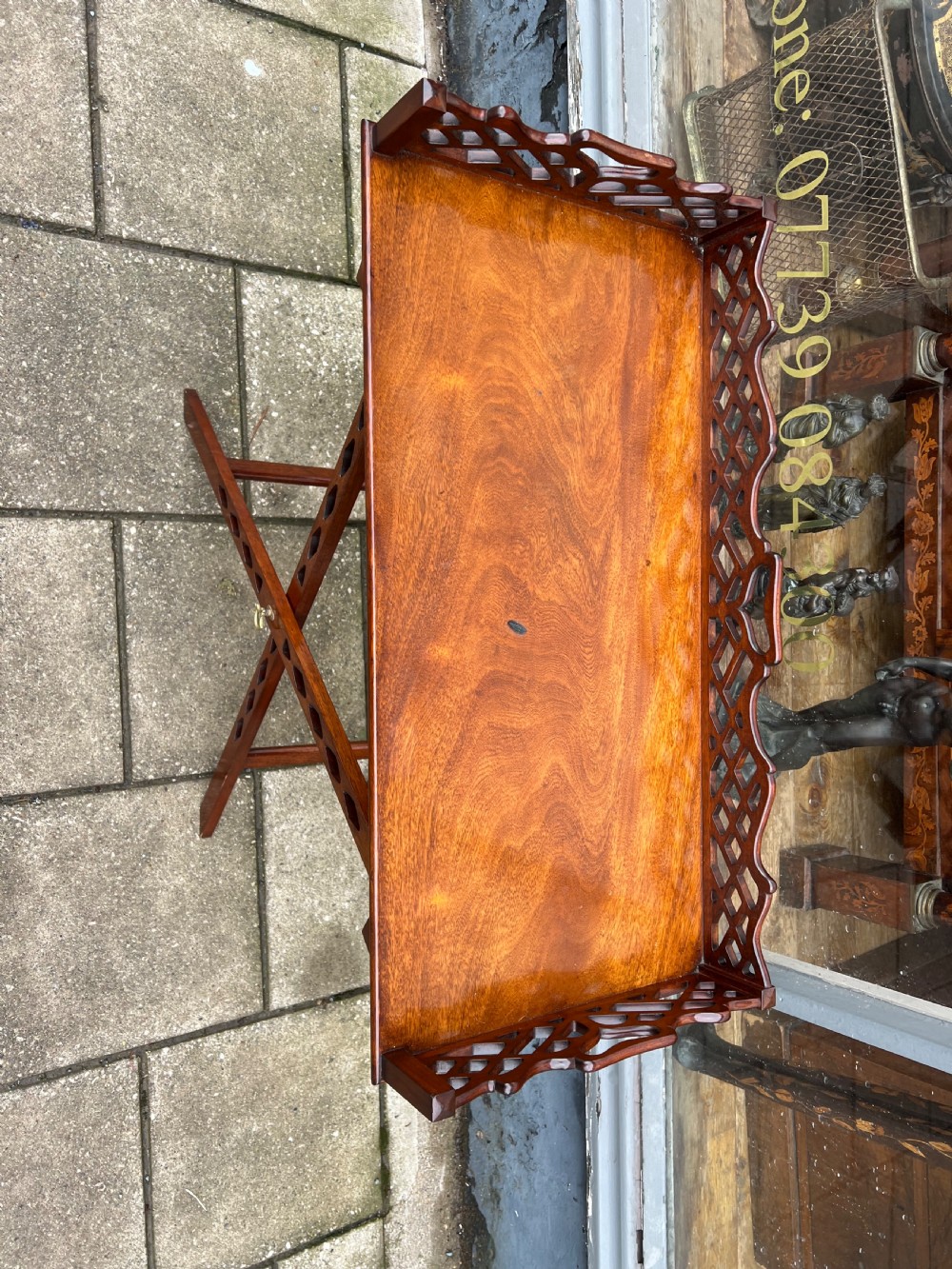 1930s  fretwork mahogany tray on stand in the Chippendale manner  View II