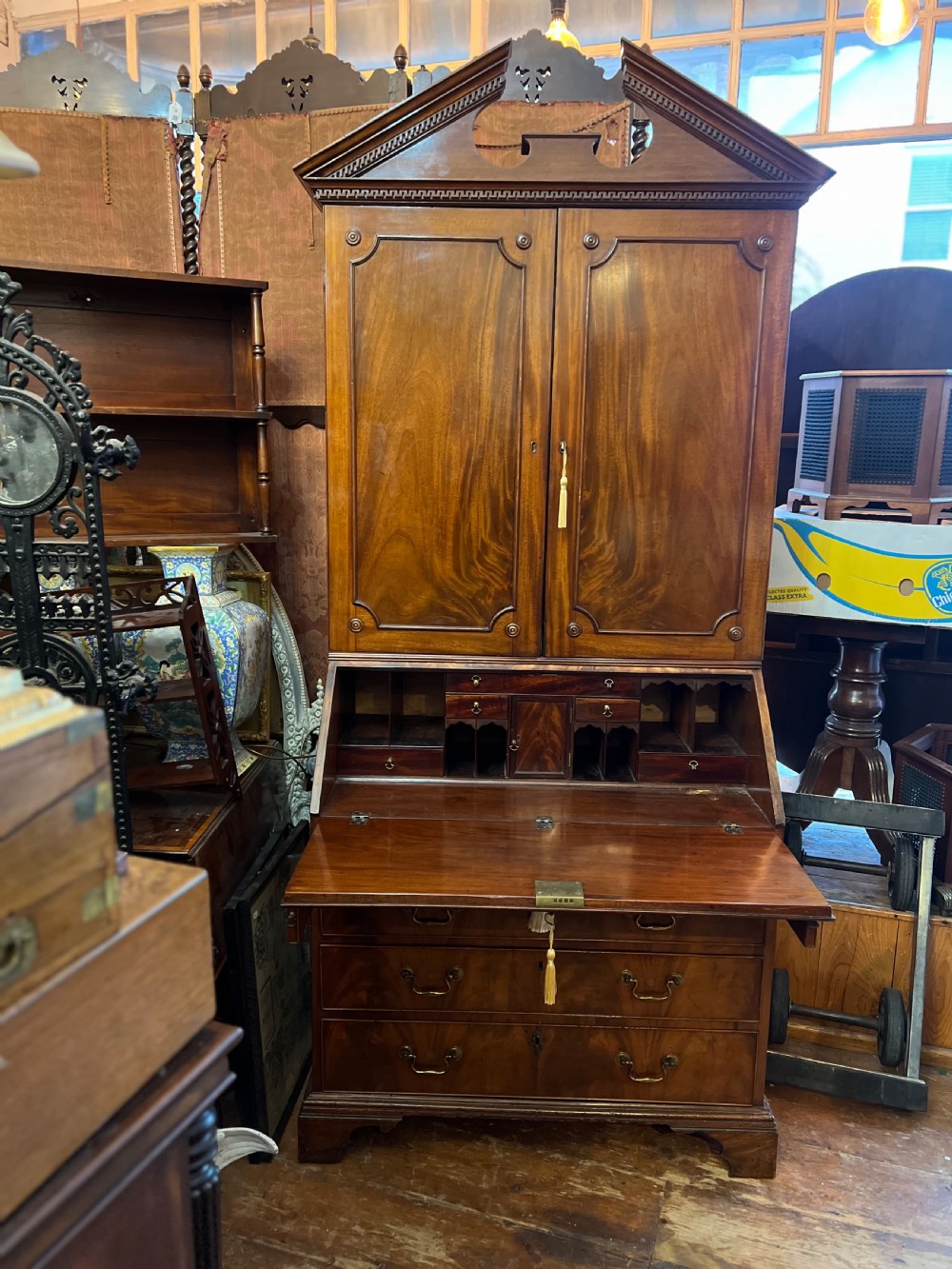 C18th Bureau Cabinet bookcase with pediment top View II