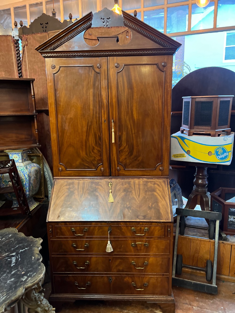 C18th Bureau Cabinet bookcase with pediment top View V