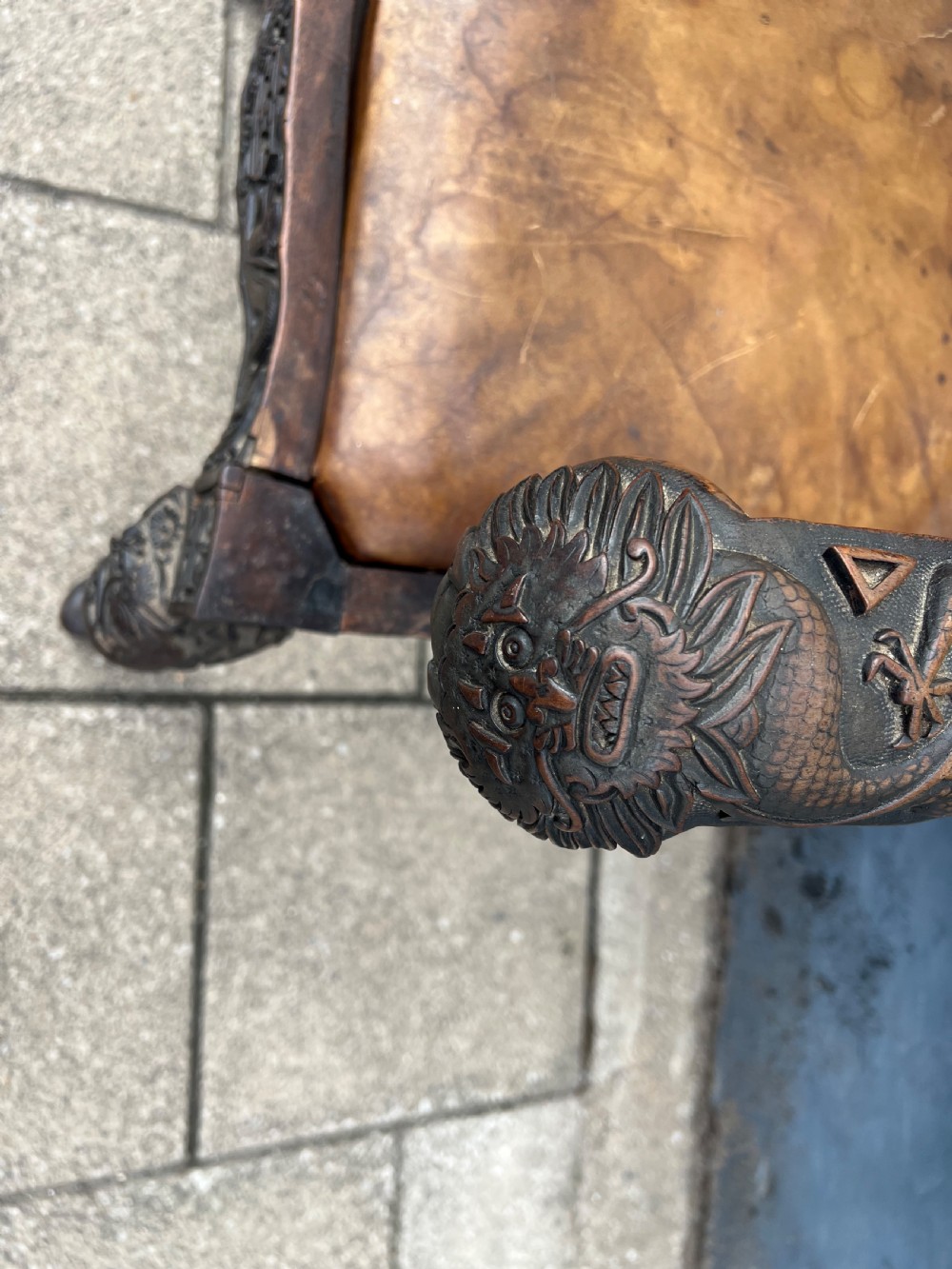 A pair of early C19th Chinese armchairs with crest to centre  View XI