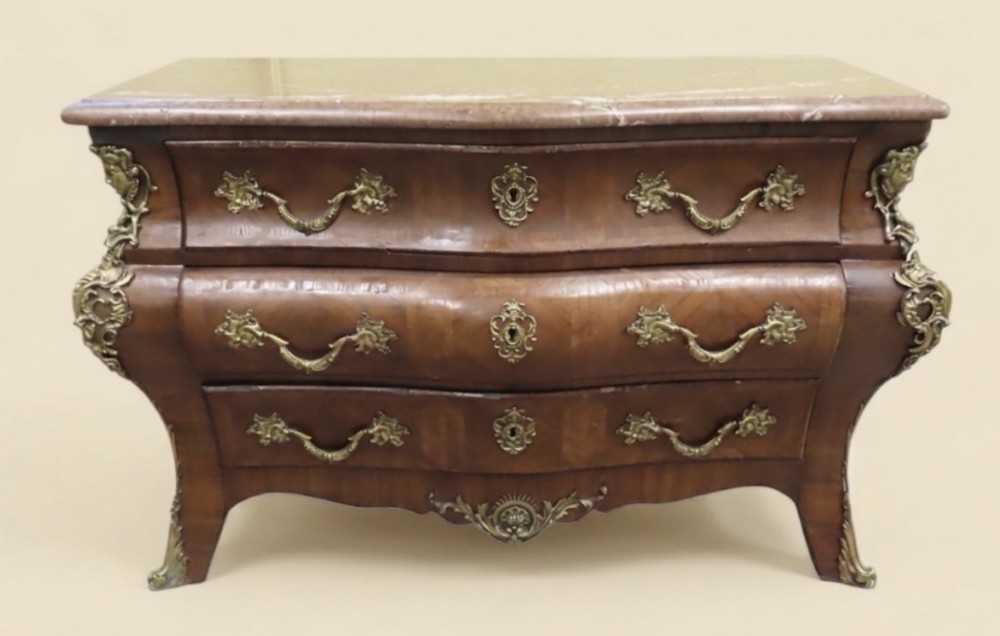 Large French bombe shaped walnut and kingwood  commode 