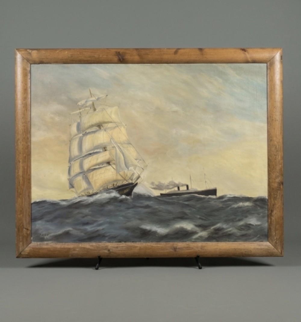 A framed oil painting on canvas depicting a full-rigged sailing vessel navigating choppy seas alongside a steamship.