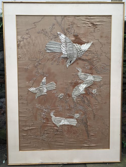 Large Chinese  Wall Hanging in Silk and Silver Thrread