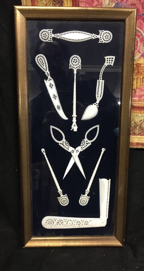 C19th Collection of Ivory Lace Making/ Love Tokens in a Glass Frame