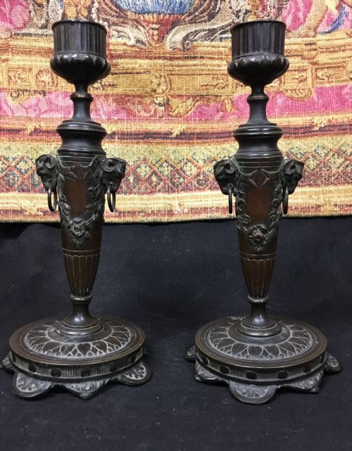 C19th Pair of Bronze Candlesticks in the Manner of Thomas Hope
