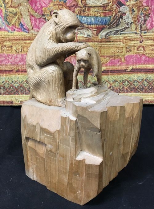 C20th Limewood Carving of a Monkey Tending Its Baby