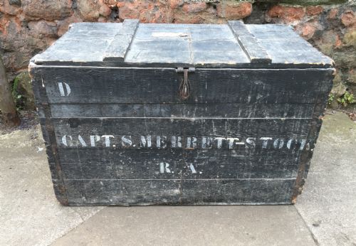 C19th Tin Lined Pine Trunk, Marked Captain S Merrett Stock