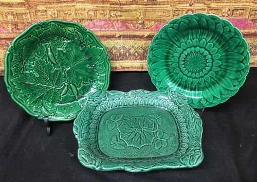 Three C19th Majolica Leaf Plates