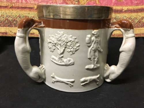C19th Large Saltglazed Tyg with Greyhound Handles