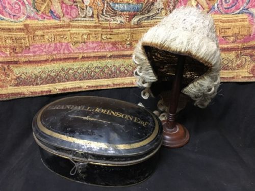 A C19th Barristers Wig, Wooden Stand and Jappaned Case