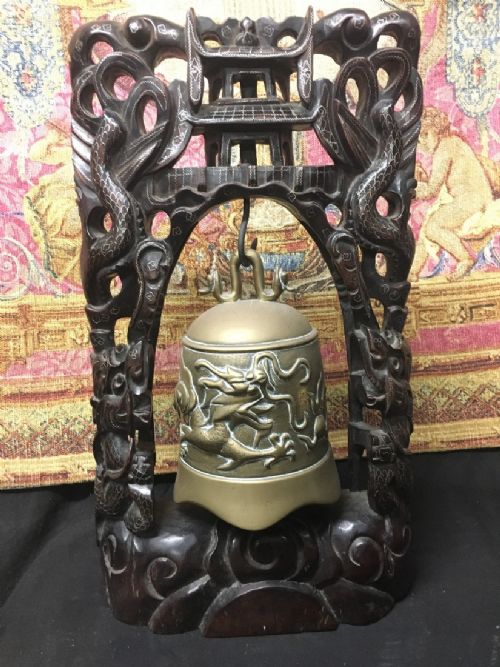 C19th Chinese Carved Wood Inlaid with Silver Temple Gong and Stand.