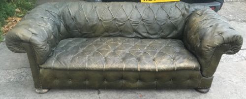Edwardian Green Leather Original Covered Chesterfield Drop Arm Sofa