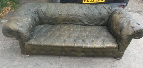 fig 1. Edwardian green leather original covered Chesterfield drop arm sofa