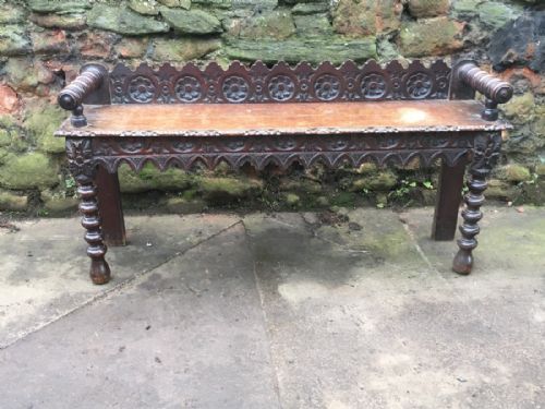C19th Carved Oak Window Seat / Hall Bench
