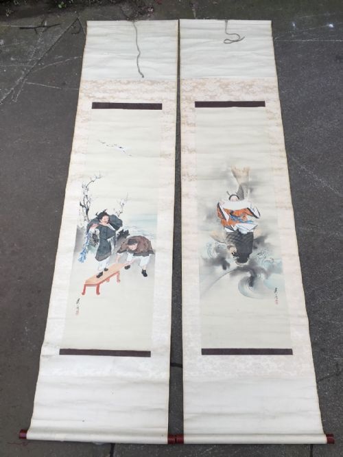 A Pair of C19th Hand Painted Chinese Scrolls