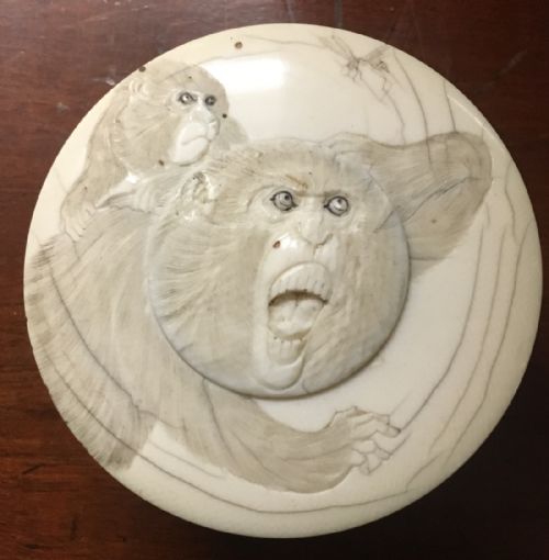 C19th Japanese Ivory Round Box with a a Baboon and a Monkey