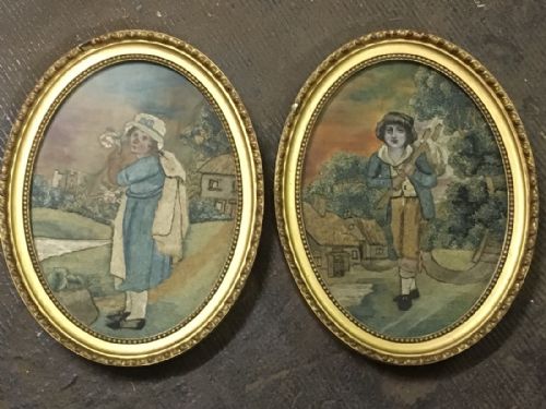 Pair of Embroideries of a Boy and a Girl on Silk