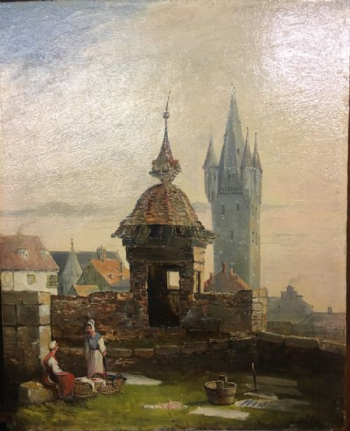 A Fine Oil Painting of a Continental Scene Entitled on the Walls