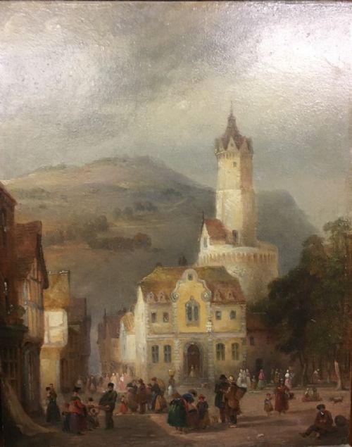 Oil on Board, Continental Town Scene