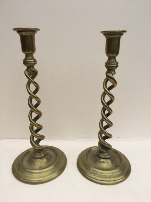 C19th Tall Brass Double Barleytwist Column Candlesticks