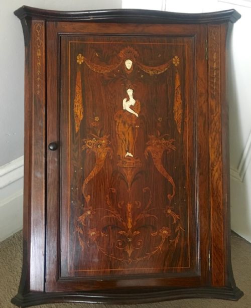 Small Inlaid Corner Wall Cupboard in Rosewood and Marquetry.
