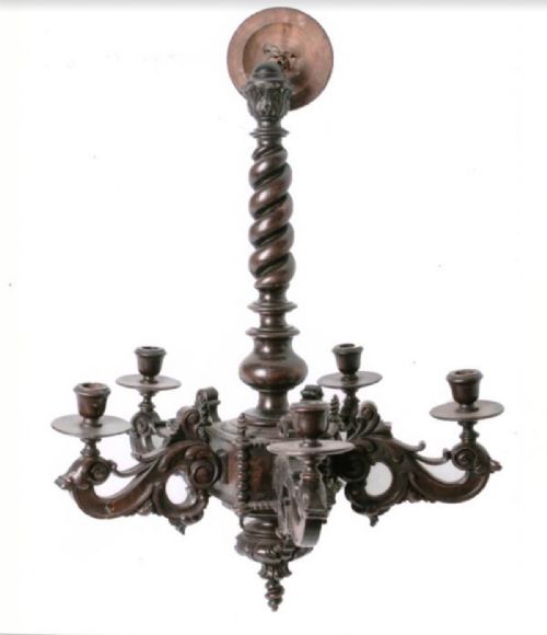 Carved Walnut 5 Branch Chandelier