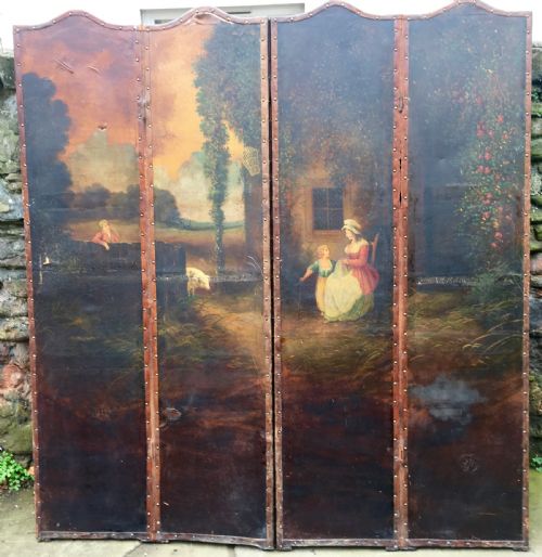 C19th Hand Painted Four Fold Screen