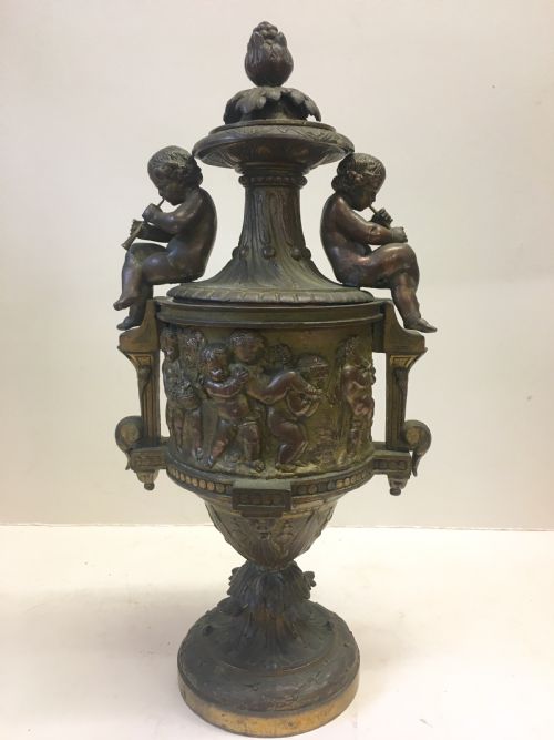 C19th Gilt Classical Metal Vase with Cherub Decoration