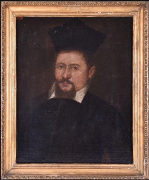 C18th Oil Painting on Canvas of a Priest in Carved Giltwood Frame.