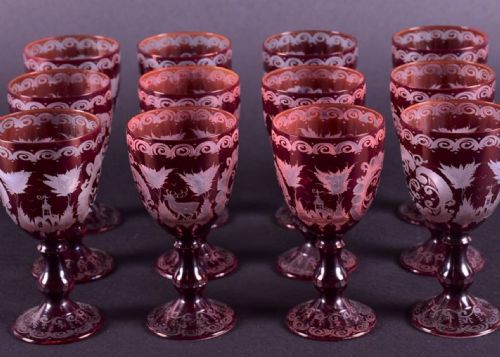 Set of Twelve Etched Ruby Red Wine Glasses in the Bohemian Style