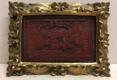 C19th Cinnabar Lacquered Panel in Carved Gilt Wood Frame