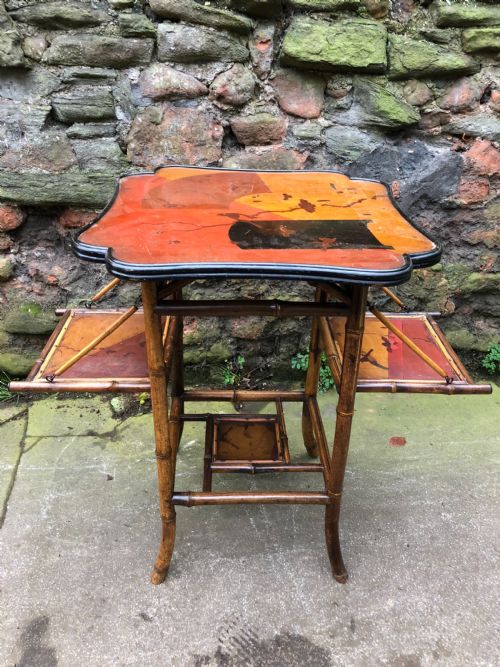 Edwardian Lacquered Bamboo Table with Two Adjustable Shelves