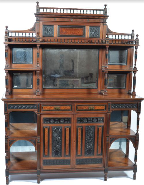 C19th Aesthetic Movement Display Cabinet in Walnut, Ebony and Thuya Wood.