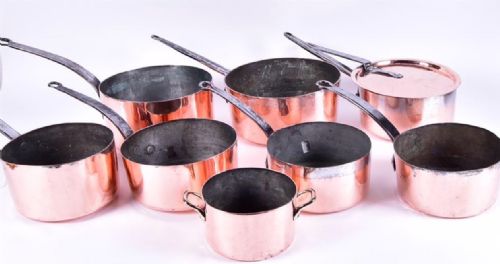 A Selection of C19th Polished Copper Saucepans