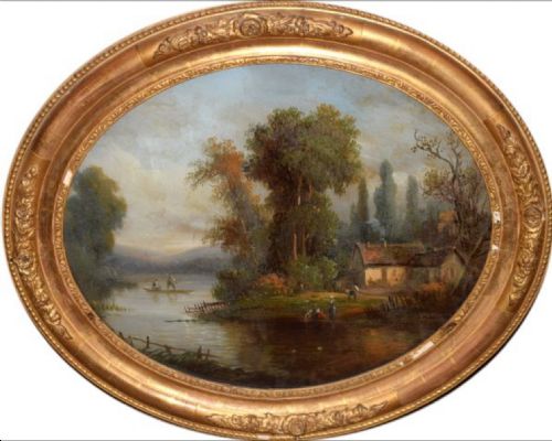 C19th Oval Reverse Glass Painting of Country Scene French