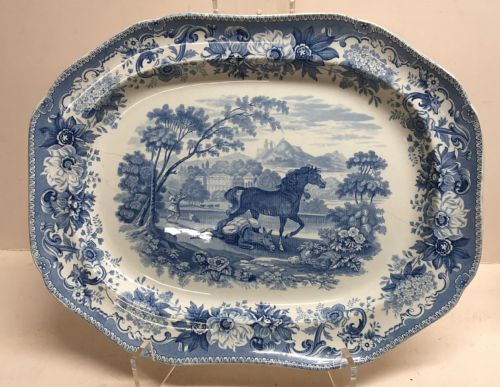 C19th Large B&w Meat Plate Depicting the Horse and the Loaded Ass from Aesops Fables