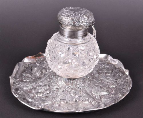 A C19th Hm Silver and Cut Glass Inkwell and Dish