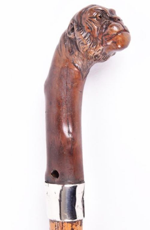 C19th Walking Stick with Monkeys Carved Head.